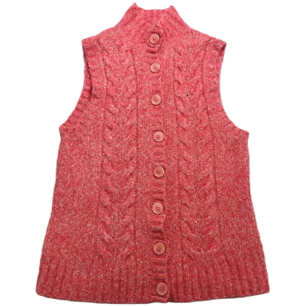 LL Bean Wool Blend Sweater Vest Women S Pink Cable Knit Button Mock Neck Classic